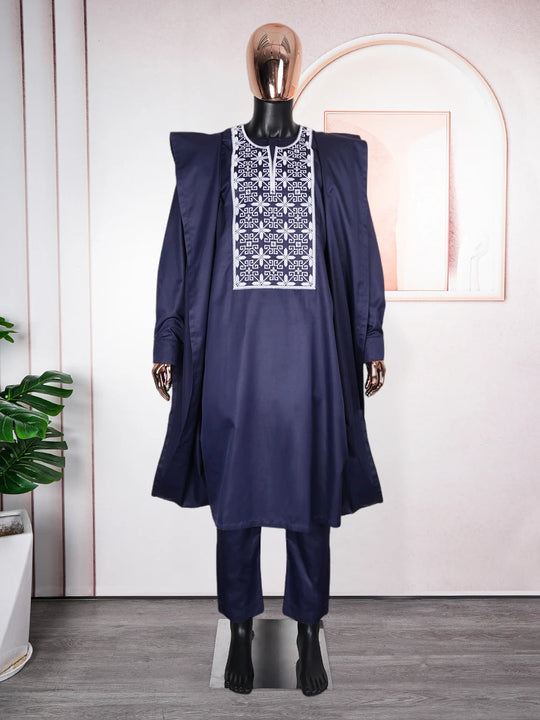 H&D African Suit For Men Robe Shirt Pants Set Long Sleeve Tops Embroidery Agbada Clothes Blue Africain Homme Traditional Robes Beauty hair & fashionfj