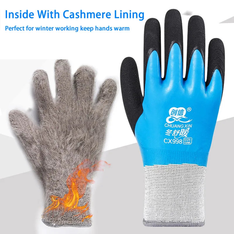 1Pair Winter Waterproof Work Safety Thermal Gloves Anti-Slip Grip Rubber Garden Gloves For Worker Builder Hands Protection