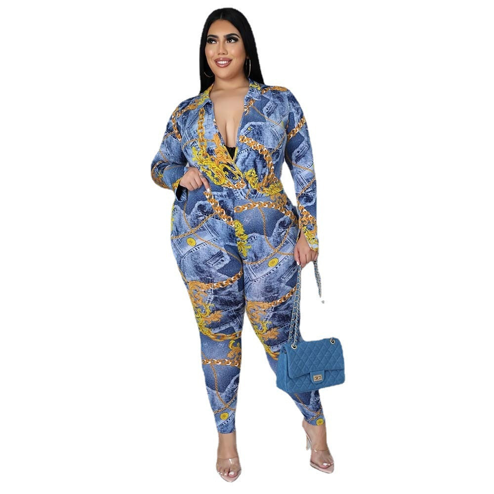 Plus Size Women's Autumn New Fashion V-neck Printed Shirt Trousers Suit Beauty hair & fashionfj