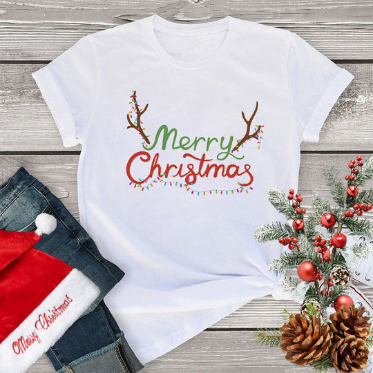 Women's Clothing Fashion Christmas Holiday Party T-shirt Loose Merry Christmas Casual Beauty hair & fashionfj