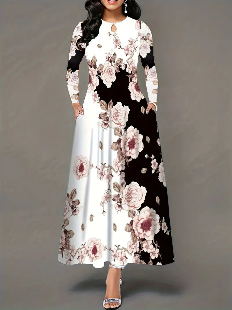 Round Neck Long Sleeve Printed Pocket Waist-controlled Large Hem Dress Beauty hair & fashionfj