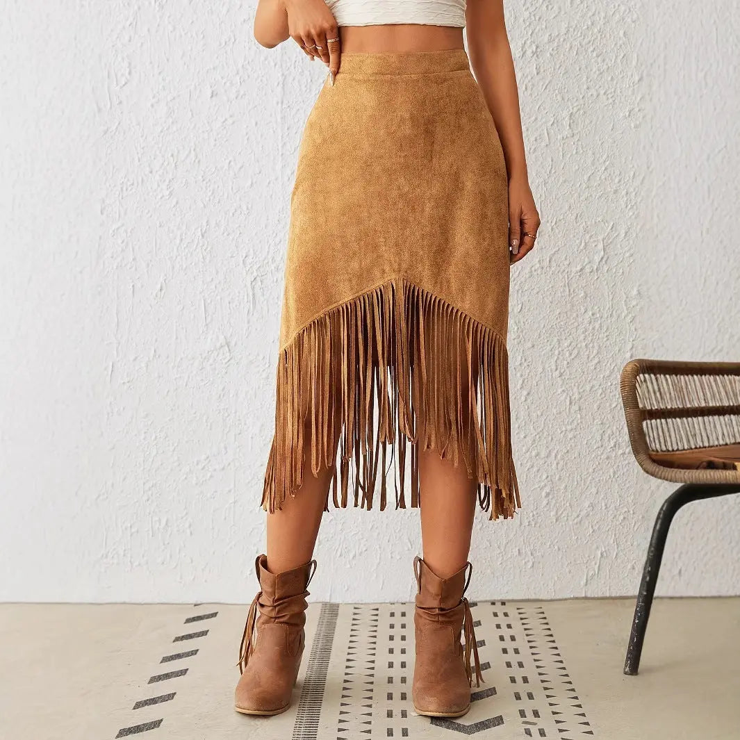 Women's Western Style Imitation Suede Fringe High Waisted A-line Skirt Beauty hair & fashionfj
