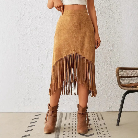Women's Western Style Imitation Suede Fringe High Waisted A-line Skirt Beauty hair & fashionfj
