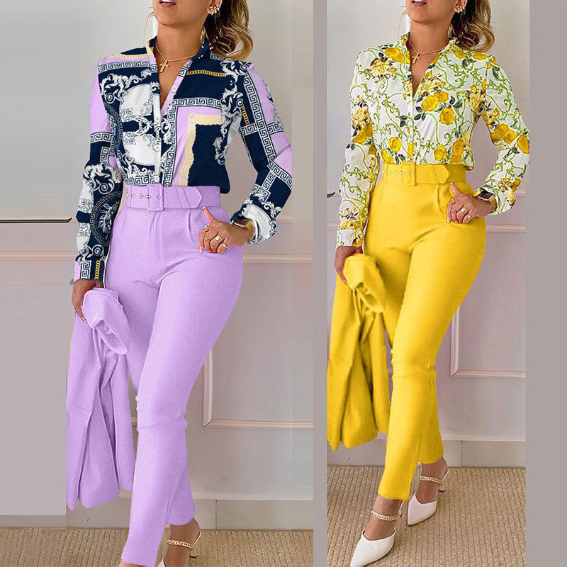Women's Fashionable Printed Long-sleeved Shirt And Trousers Suit Beauty hair & fashionfj