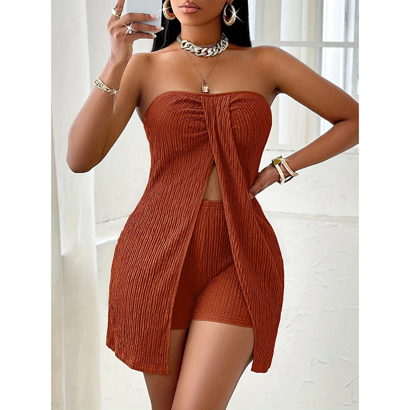Women's 2 Piece Outfits Elegant Textured Strapless Ruched High Slit Tube Top And High Waist Skinny Shorts Shorts Set Beauty hair & fashionfj