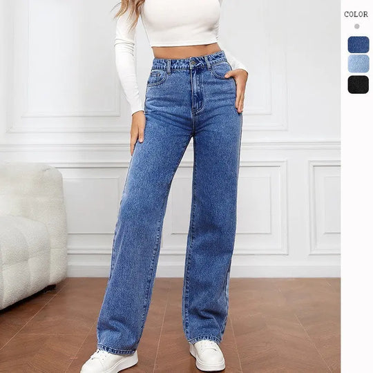 Washed Fashion Straight Jeans Women's Mid Waist Beauty hair & fashionfj