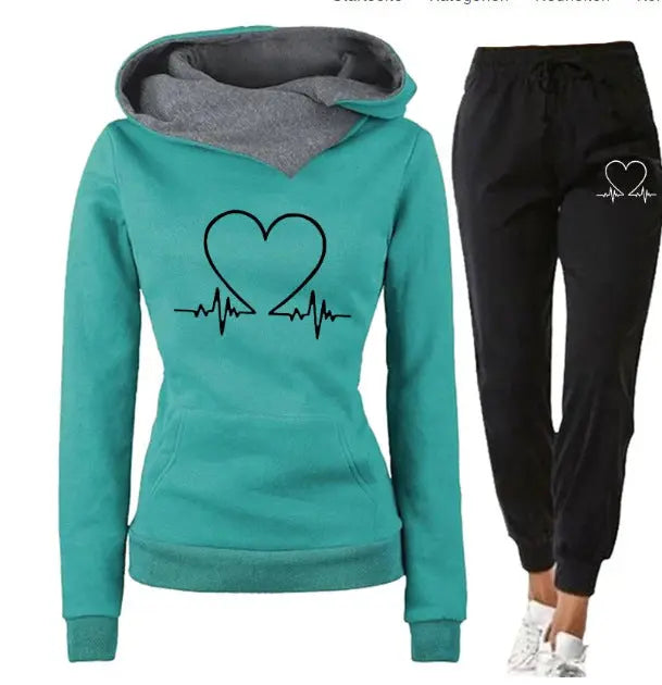 Love Heart Printed Sports Suit Hooded Sweatshirt Top And Drawstring Pants Fashion Casual Clothing For Women Beauty hair & fashionfj