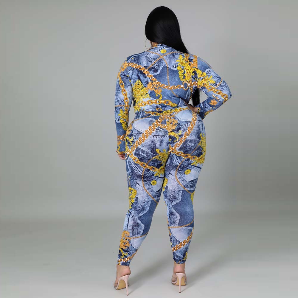 Plus Size Women's Autumn New Fashion V-neck Printed Shirt Trousers Suit Beauty hair & fashionfj
