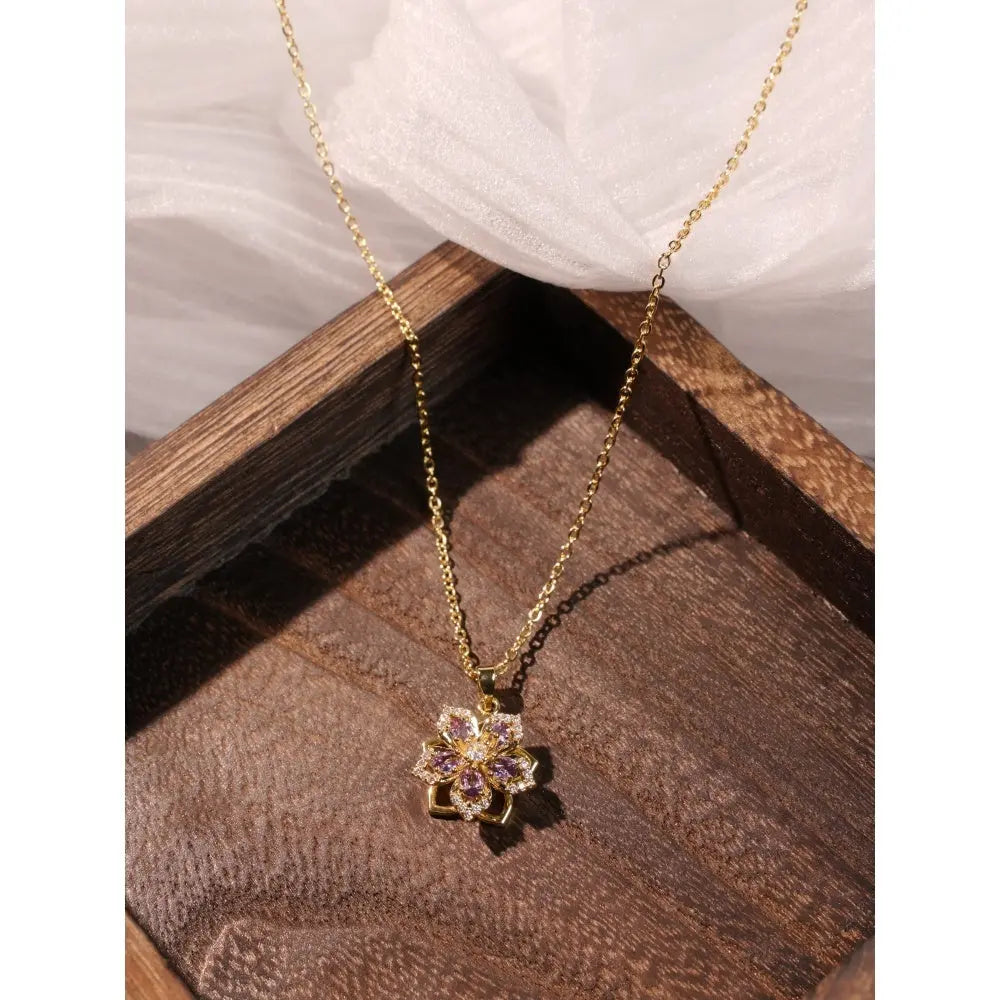 Glistening Floral Gold Necklace Sparkling Zircon Flower Pendant Chic Daily Wear Jewelry Gold Green White Purple Red Mixed-Color Beauty hair & fashionfj