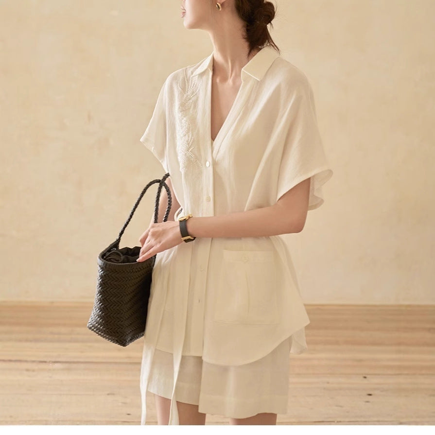 Imitation Cotton And Linen Texture Heavy Industry Short Sleeve Shirt Coat Shorts Suit Beauty hair & fashionfj