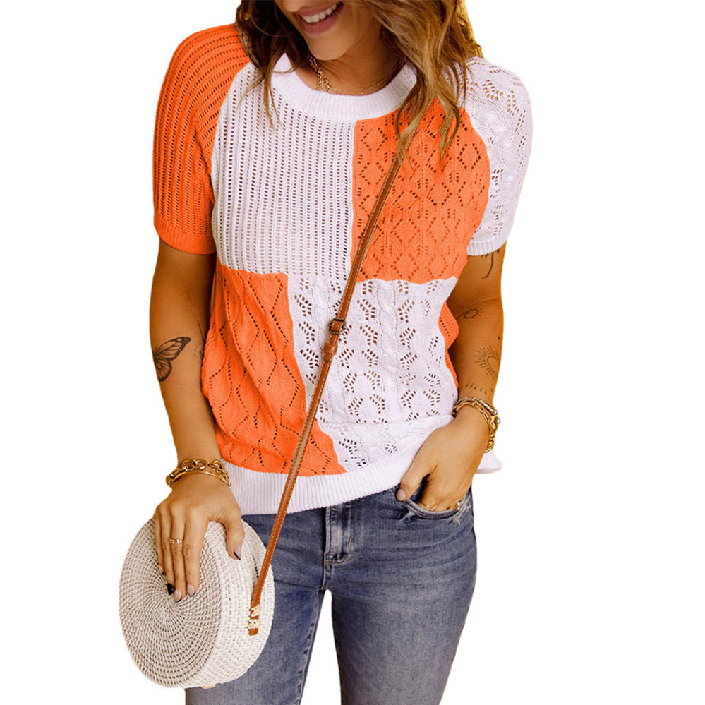 Fashion European American Summer New Color Block Knitted Short Sleeve T-shirt Top Knitwear Beauty hair & fashionfj