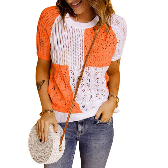 Fashion European American Summer New Color Block Knitted Short Sleeve T-shirt Top Knitwear Beauty hair & fashionfj