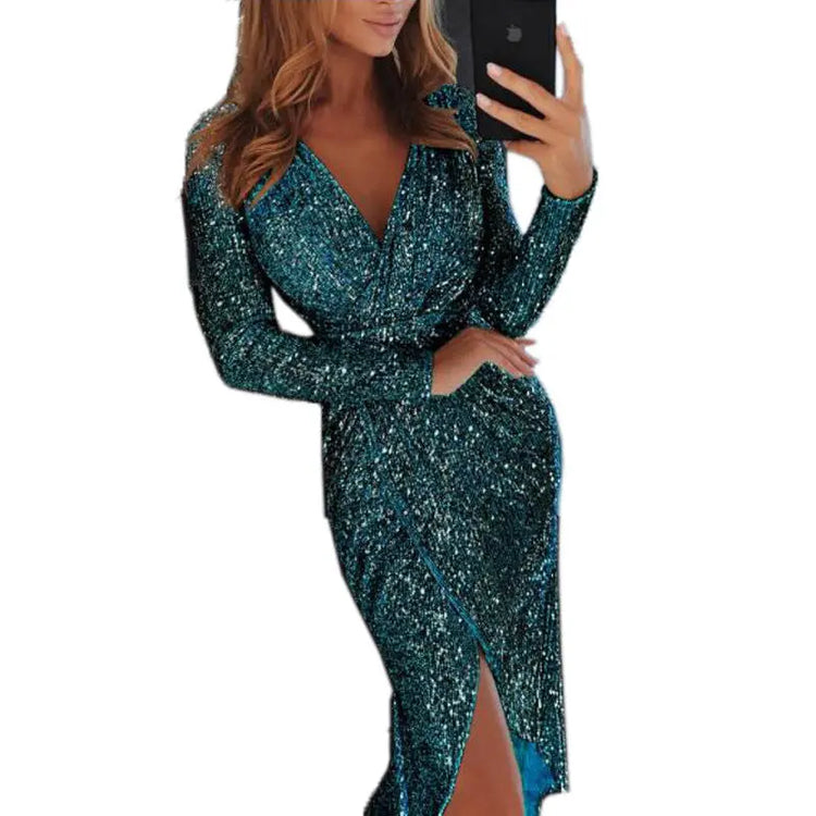 Sequined Collar Glittering Glitter Dress Dinner Sexy Dress Beauty hair & fashionfj