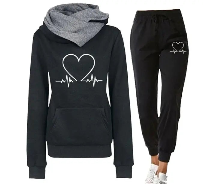 Love Heart Printed Sports Suit Hooded Sweatshirt Top And Drawstring Pants Fashion Casual Clothing For Women Beauty hair & fashionfj