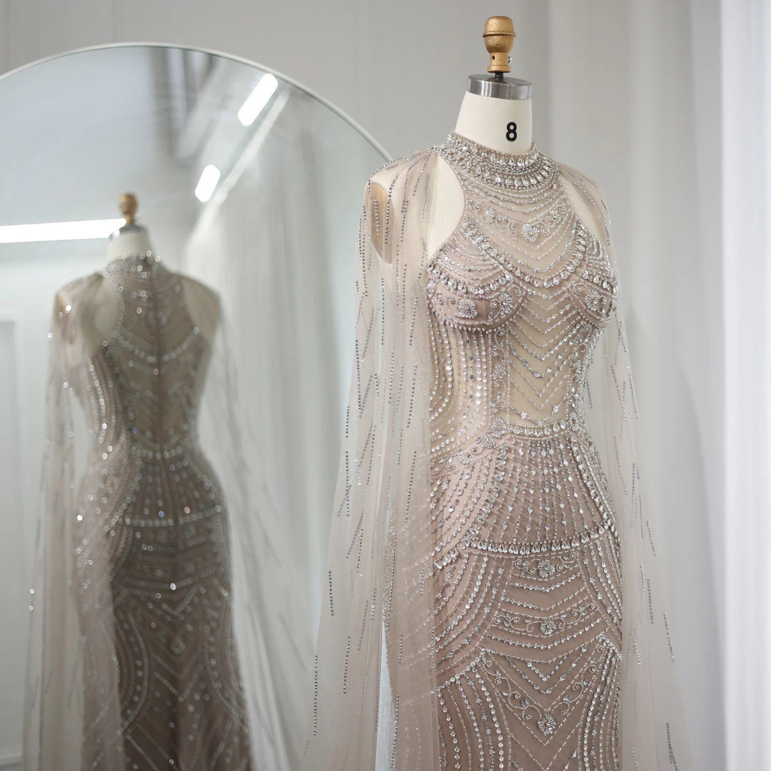 Sharon Said Luxury Dubai Caramel Mermaid Evening Dresses for Wedding Party Cape Sleeves High Neck Prom Dress SS077 Customized Beauty hair & fashionfj