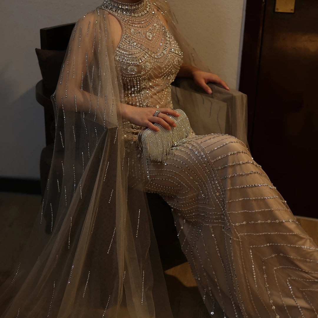 Sharon Said Luxury Dubai Caramel Mermaid Evening Dresses for Wedding Party Cape Sleeves High Neck Prom Dress SS077 Customized Beauty hair & fashionfj