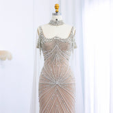 Sharon Said Luxury Tassel Silver Nude Mermaid Evening Dress with Cape Chocker Dubai Women Formal Party Gowns SS158 Customized Beauty hair & fashionfj
