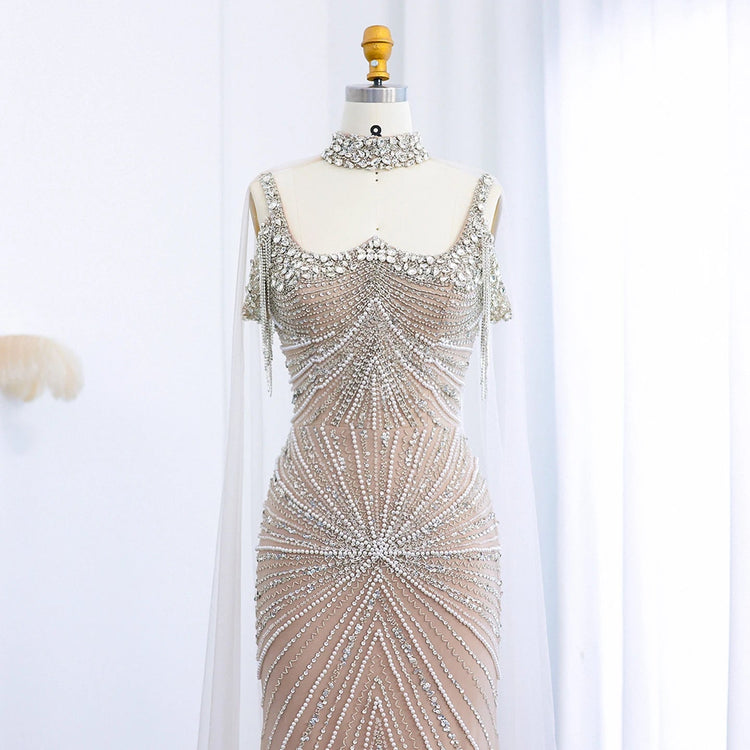 Sharon Said Luxury Tassel Silver Nude Mermaid Evening Dress with Cape Chocker Dubai Women Formal Party Gowns SS158 Customized Beauty hair & fashionfj