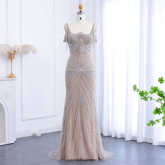 Sharon Said Luxury Tassel Silver Nude Mermaid Evening Dress with Cape Chocker Dubai Women Formal Party Gowns SS158 Customized Beauty hair & fashionfj