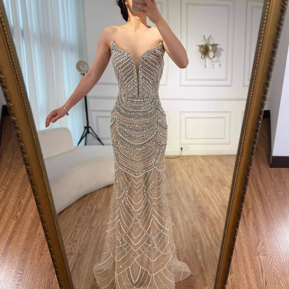 Serene Hill 2025 Customized Nude Silver Beaded Evening Dresses With Sparkling Crystal Embellishments For Formal Occasion LA72900 Beauty hair & fashionfj