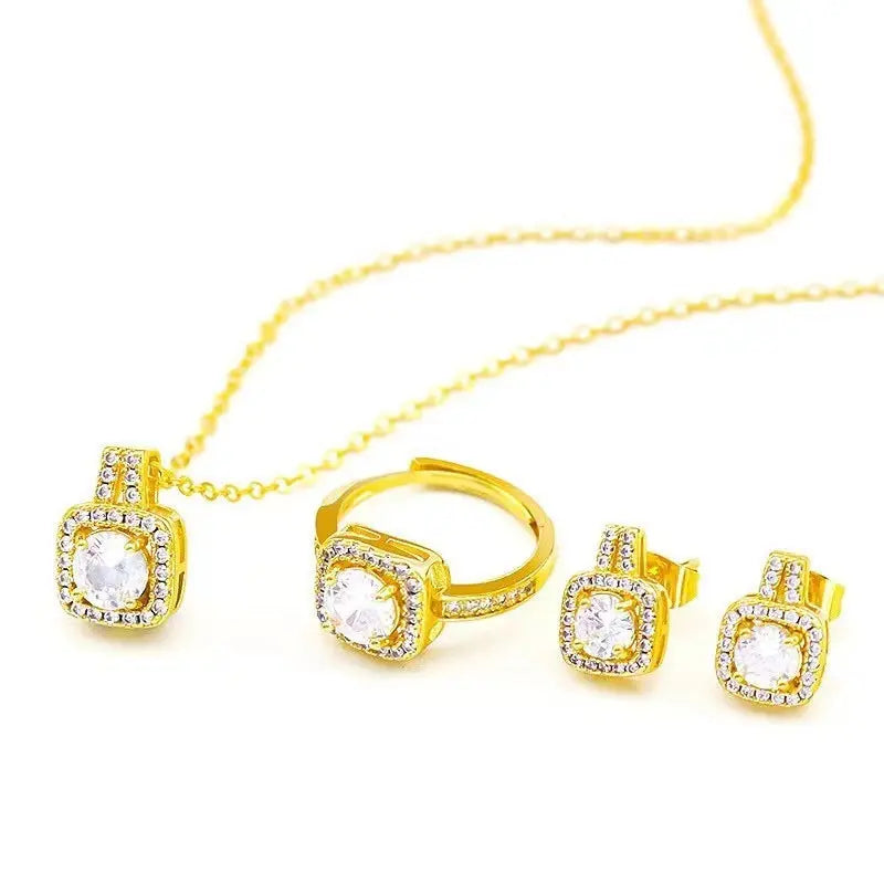 Fashion Jewelry Set Zircon Gem Pendant Chain Choker Necklace For Women Gold Color Stud Earring Statement Wedding Ring Beauty hair & fashionfj