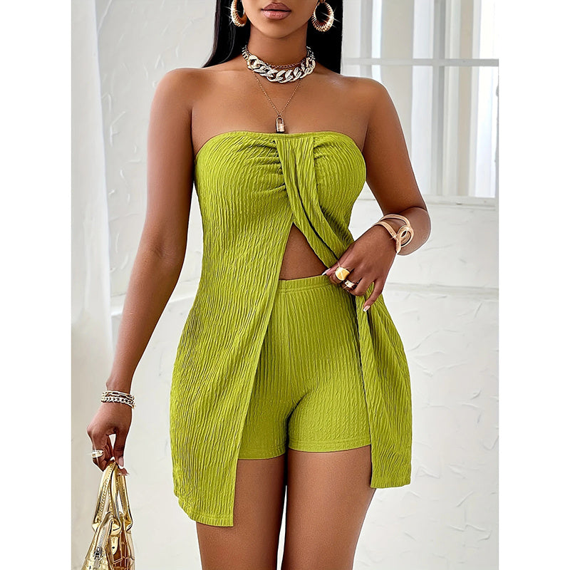 Women's 2 Piece Outfits Elegant Textured Strapless Ruched High Slit Tube Top And High Waist Skinny Shorts Shorts Set Beauty hair & fashionfj
