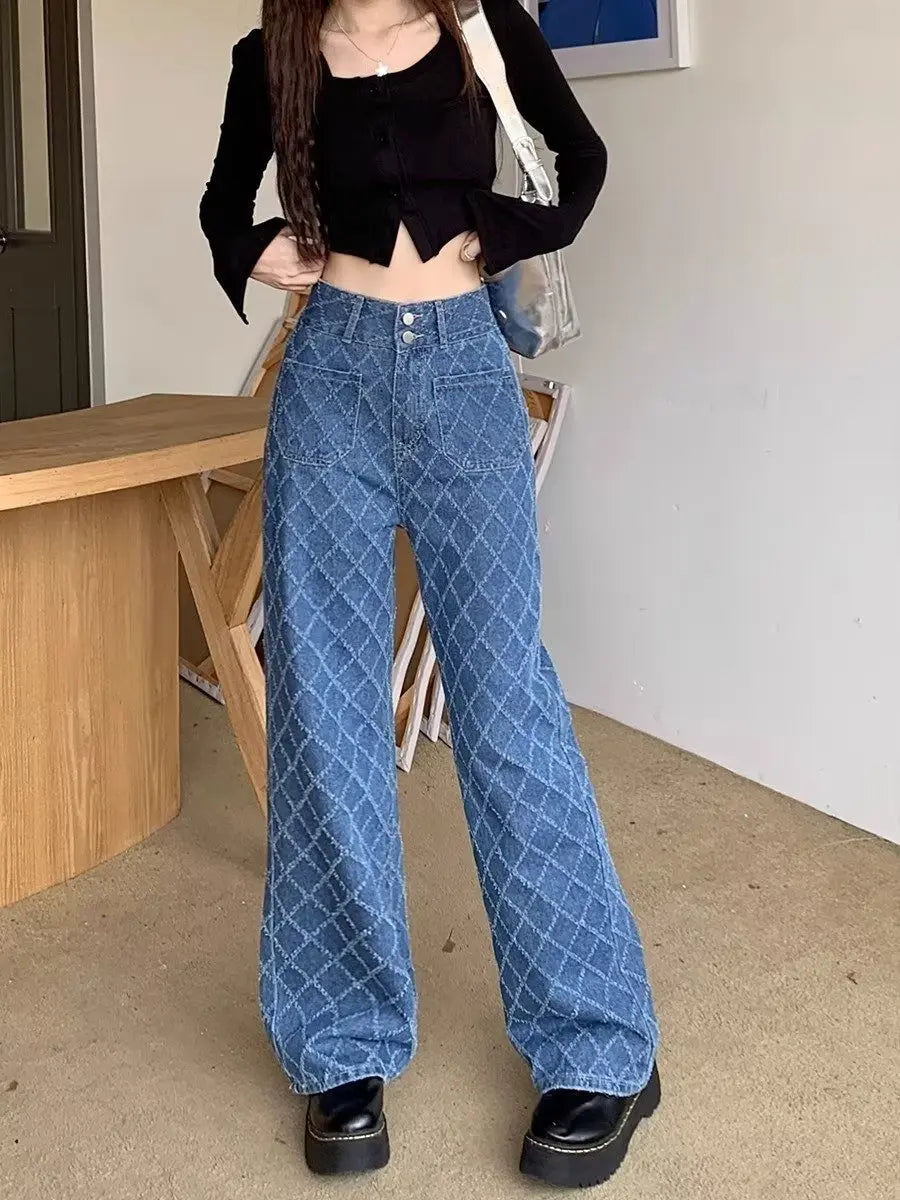 Summer Ladies New Loose Drooping Slimming Jacquard Design Straight-leg Denim Trousers Beauty hair & fashionfj