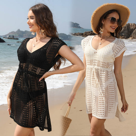 Beach Knit Cover-up Hollow Out Beach Drawstring Short Skirt V-neck Beach Dress