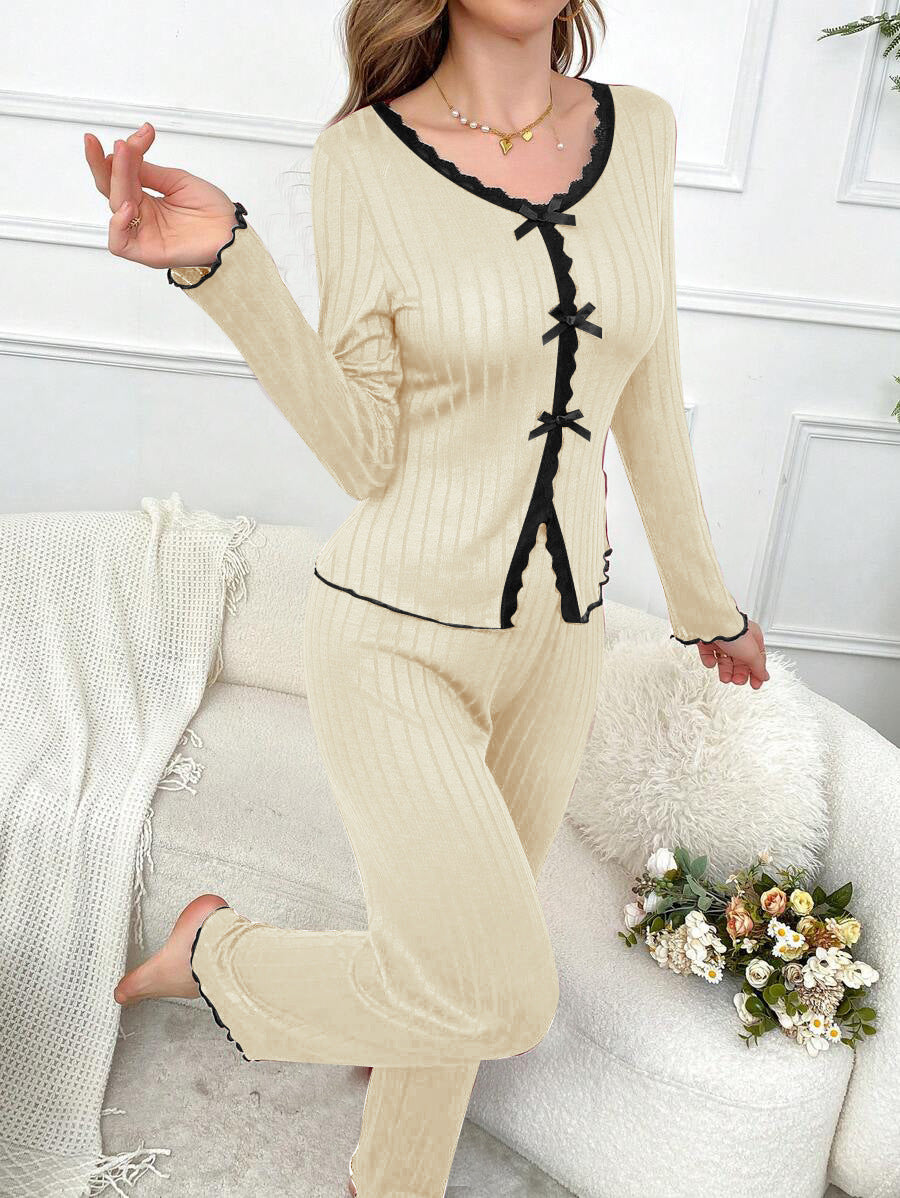Long Sleeve Trousers Casual Homewear Lace Cardigan Suit Beauty hair & fashionfj