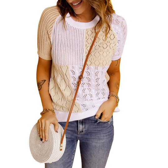 Fashion European American Summer New Color Block Knitted Short Sleeve T-shirt Top Knitwear Beauty hair & fashionfj
