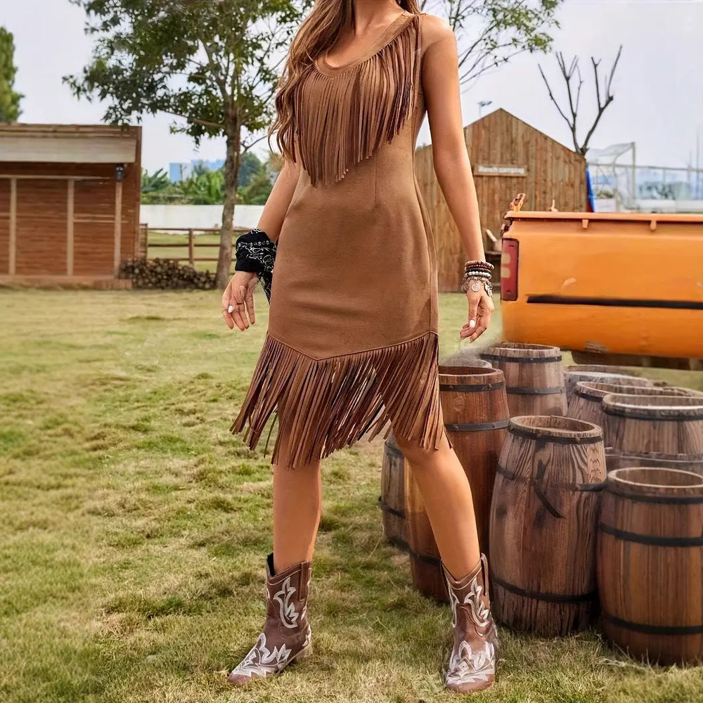 Women's Leisure Vacation Western Style Suede Subcutaneous Fringe Dress Beauty hair & fashionfj