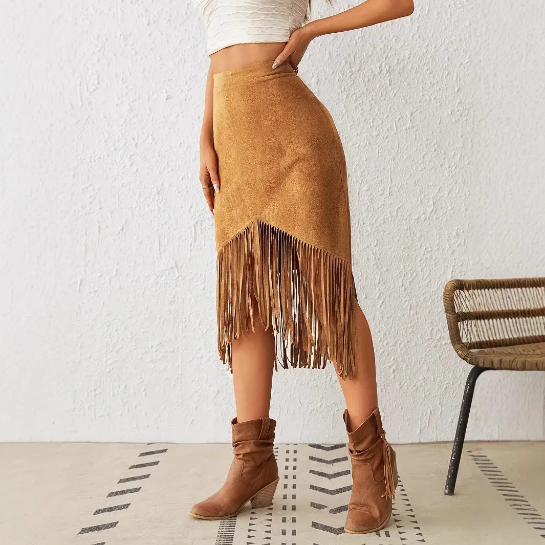 Women's Western Style Imitation Suede Fringe High Waisted A-line Skirt Beauty hair & fashionfj