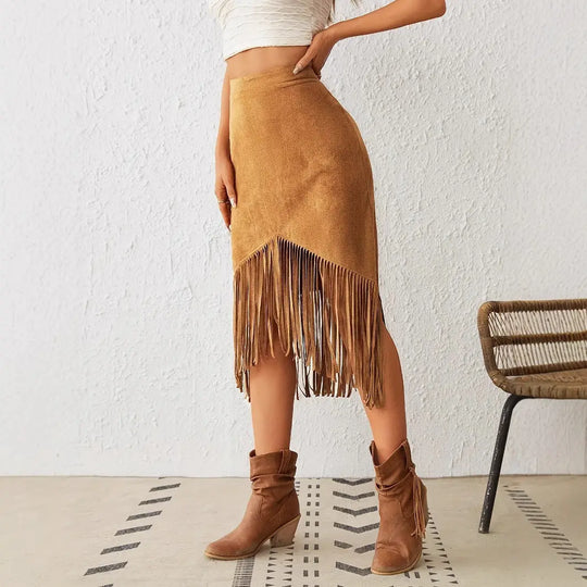 Women's Western Style Imitation Suede Fringe High Waisted A-line Skirt Beauty hair & fashionfj