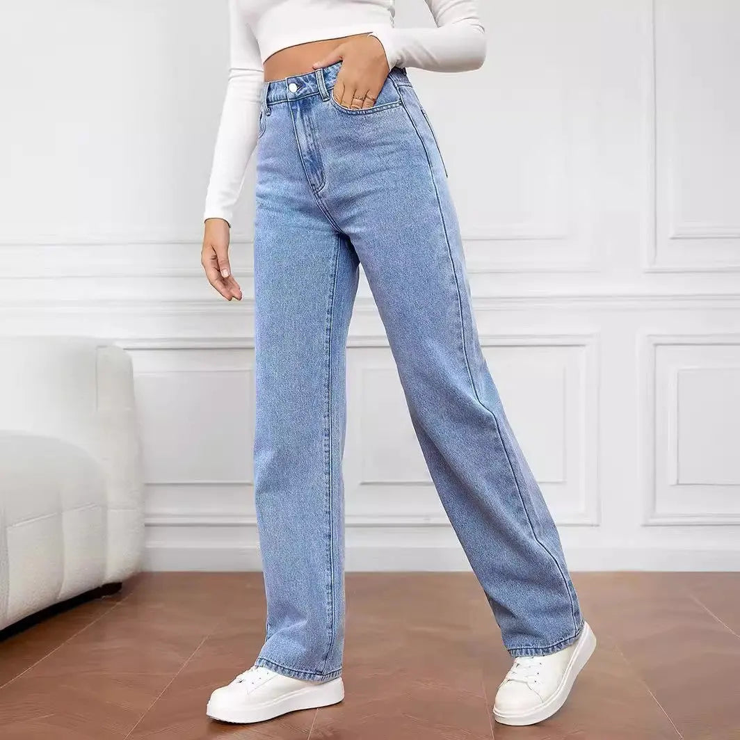 Washed Fashion Straight Jeans Women's Mid Waist Beauty hair & fashionfj