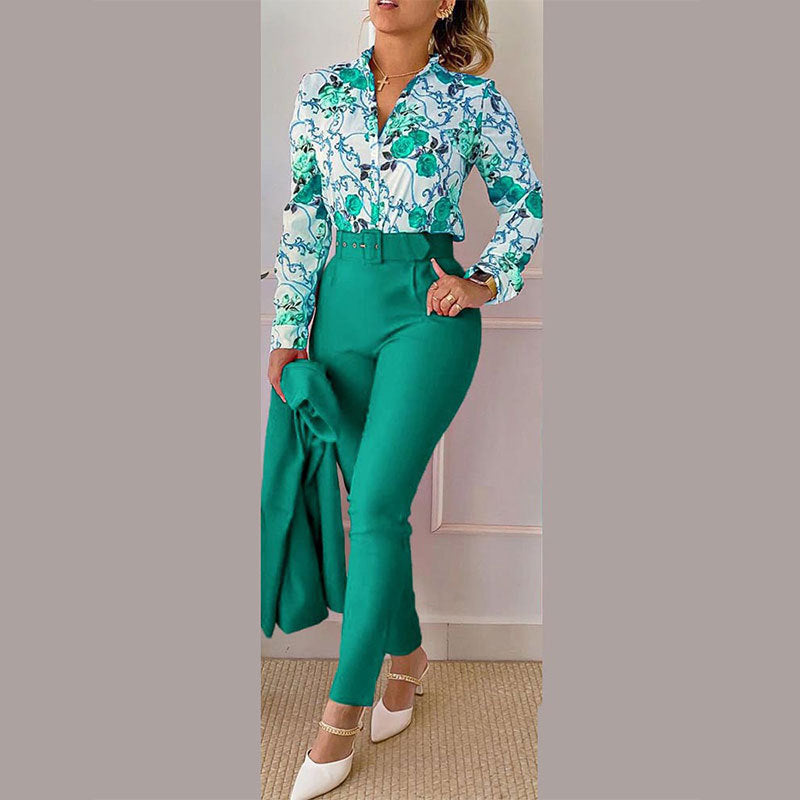Women's Fashionable Printed Long-sleeved Shirt And Trousers Suit Beauty hair & fashionfj