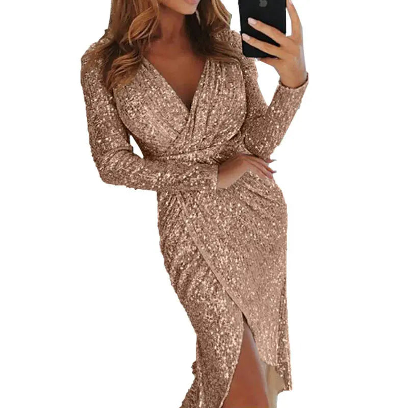 Sequined Collar Glittering Glitter Dress Dinner Sexy Dress Beauty hair & fashionfj