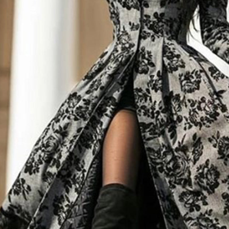 Women's Autumn Winter Long Sleeve Lace Trim Floral Print Vintage Long Trench Coat