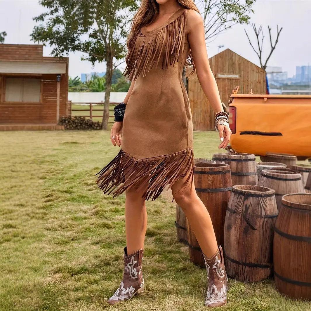 Women's Leisure Vacation Western Style Suede Subcutaneous Fringe Dress Beauty hair & fashionfj