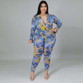 Plus Size Women's Autumn New Fashion V-neck Printed Shirt Trousers Suit Beauty hair & fashionfj