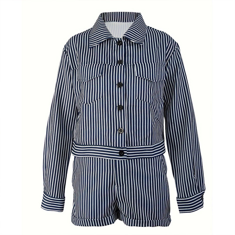 Women's Striped Print Casual Two-Piece Set Button-Up Long Sleeve Jacket & Shorts With Slant Pockets, Summer Fashion Outfit Beauty hair & fashionfj