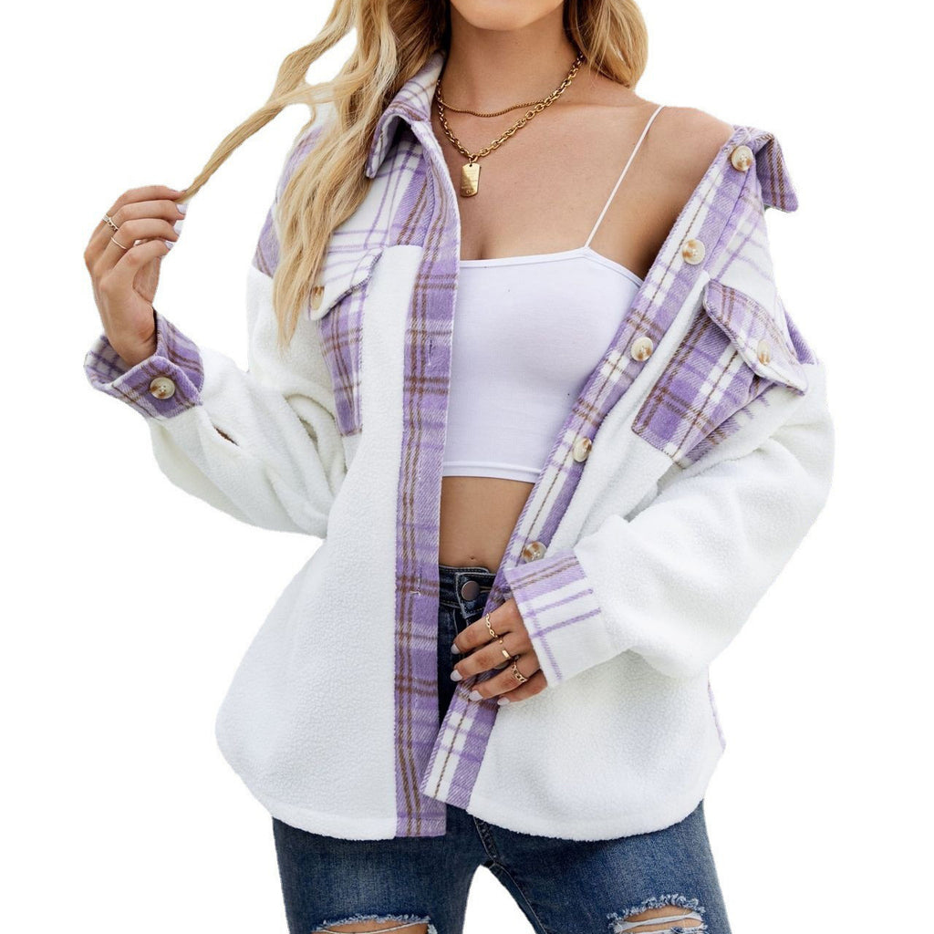 Lamb Wool Long Sleeve Stitching Contrast Color Pocket Woolen Coat For Women