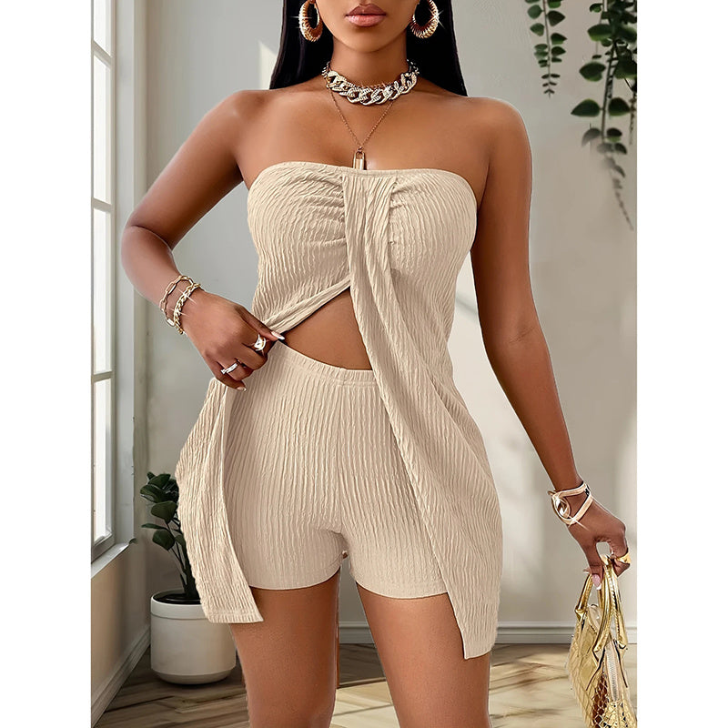 Women's 2 Piece Outfits Elegant Textured Strapless Ruched High Slit Tube Top And High Waist Skinny Shorts Shorts Set Beauty hair & fashionfj