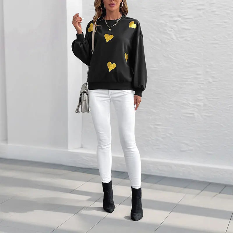 Women's Sweet Style Heart Printing Loose Round Neck Long Sleeve Sweater Beauty hair & fashionfj