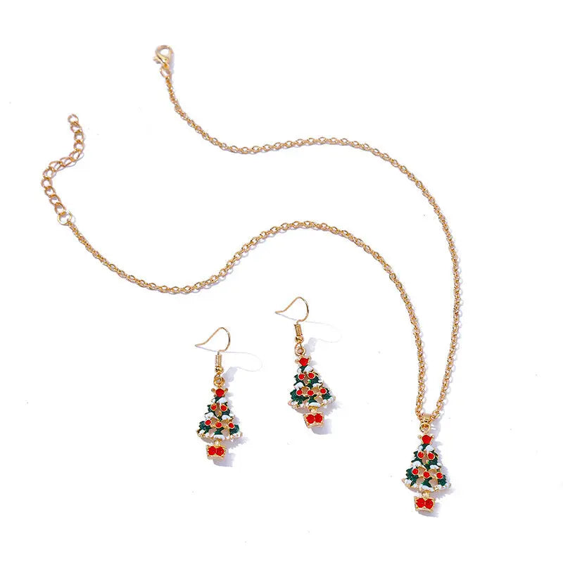 Fashion Simple Oil Dripping Christmas Tree Earrings Necklace Set Women Beauty hair & fashionfj