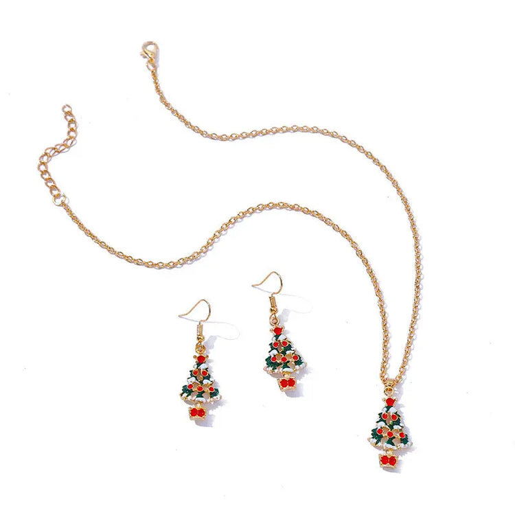 Fashion Simple Oil Dripping Christmas Tree Earrings Necklace Set Women Beauty hair & fashionfj