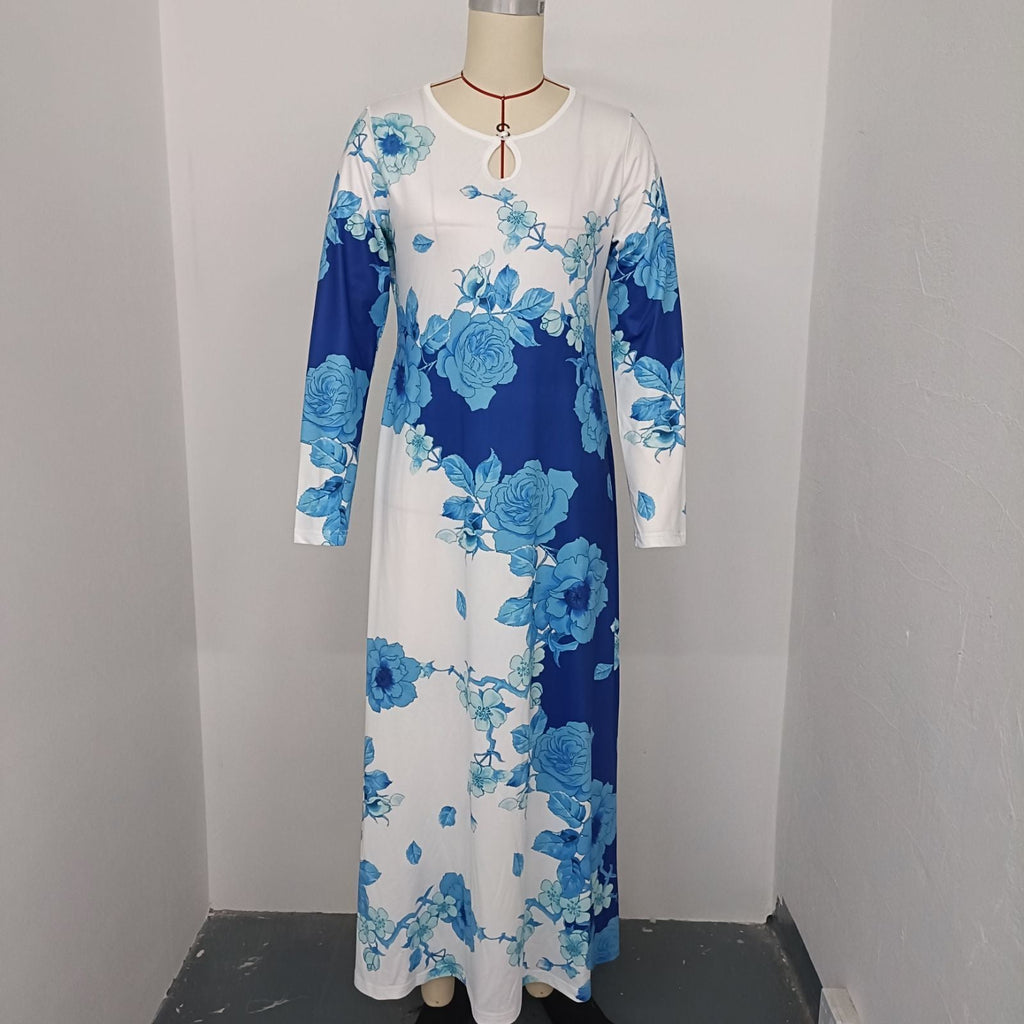 Round Neck Long Sleeve Printed Pocket Waist-controlled Large Hem Dress Beauty hair & fashionfj