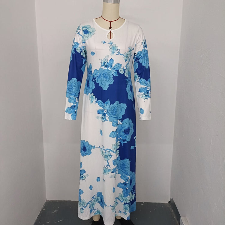 Round Neck Long Sleeve Printed Pocket Waist-controlled Large Hem Dress Beauty hair & fashionfj