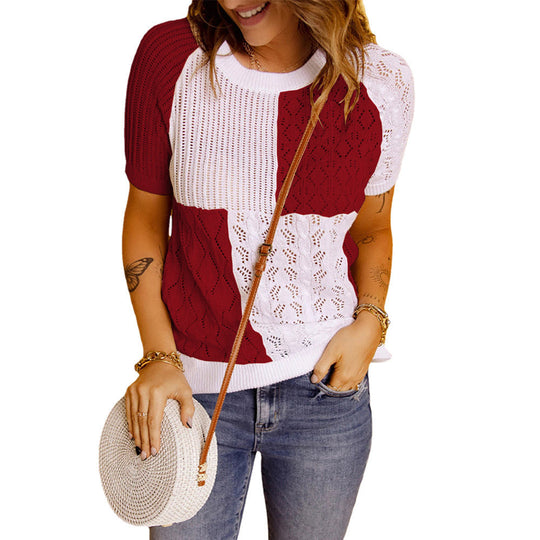 Fashion European American Summer New Color Block Knitted Short Sleeve T-shirt Top Knitwear Beauty hair & fashionfj