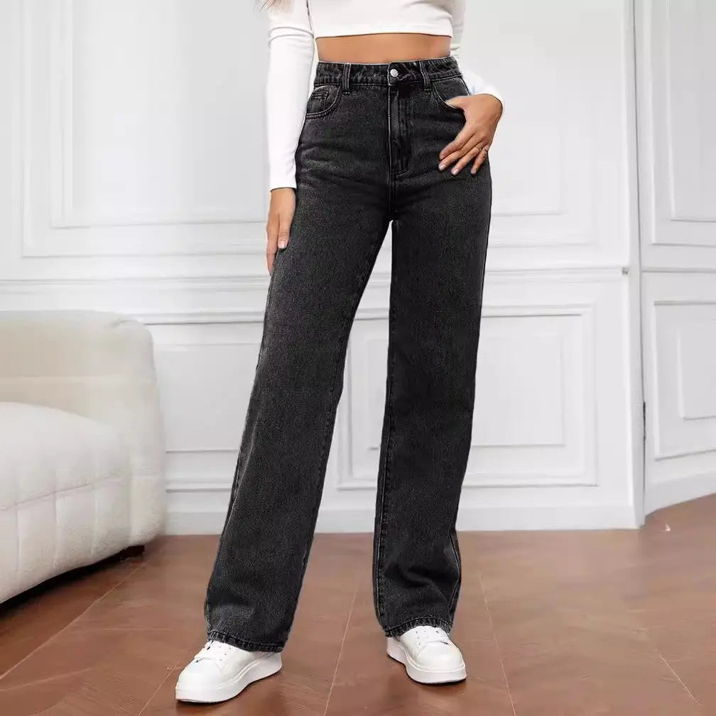 Washed Fashion Straight Jeans Women's Mid Waist Beauty hair & fashionfj