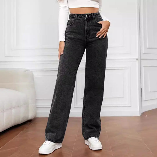 Washed Fashion Straight Jeans Women's Mid Waist Beauty hair & fashionfj